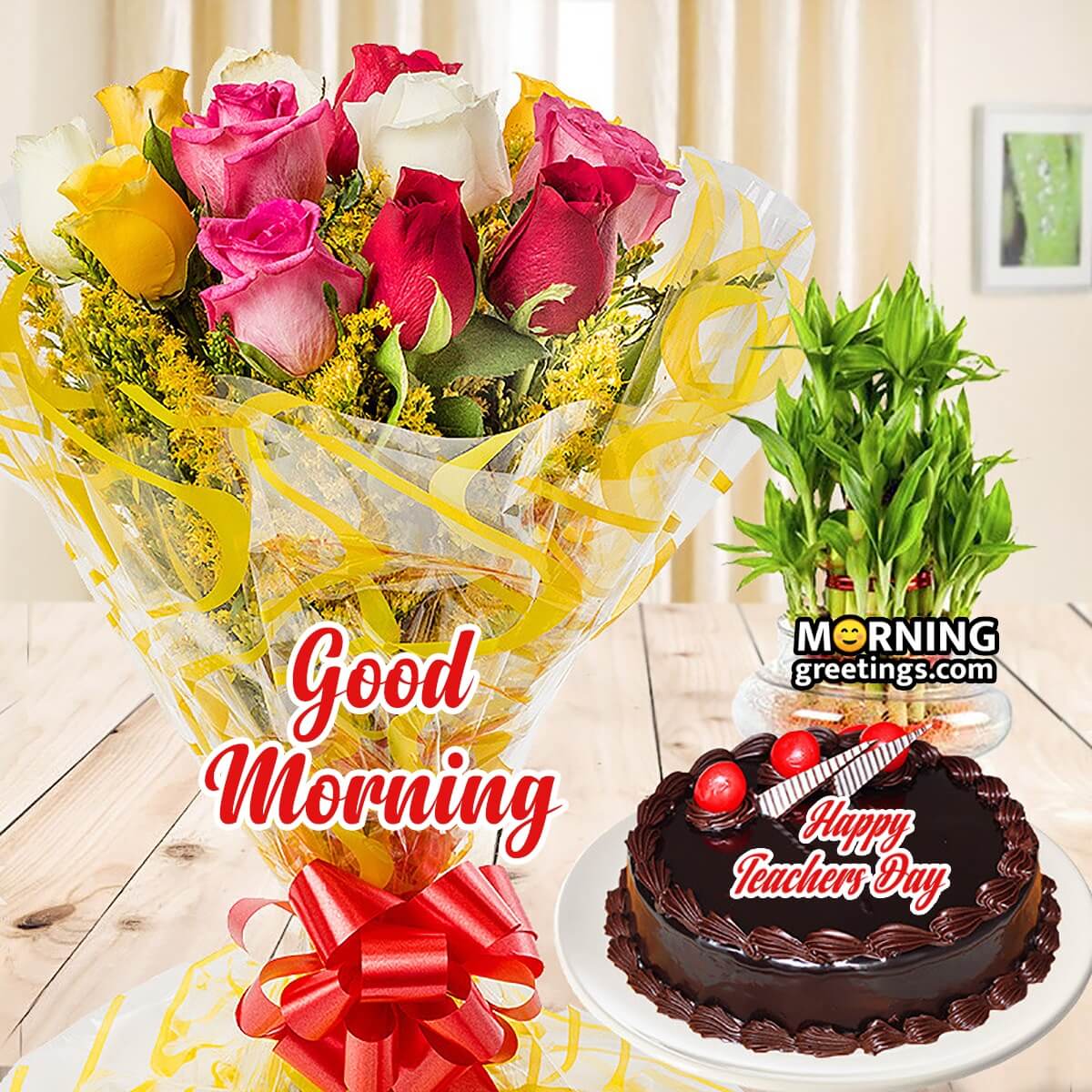 Good Morning Happy Teacher's Day Bouquet And Cake Image